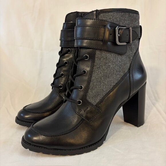 NWOB Antonio Melani Black/Gray Leather & Fabric High Heel Lug Sole Ankle Bootie - Picture 1 of 12
